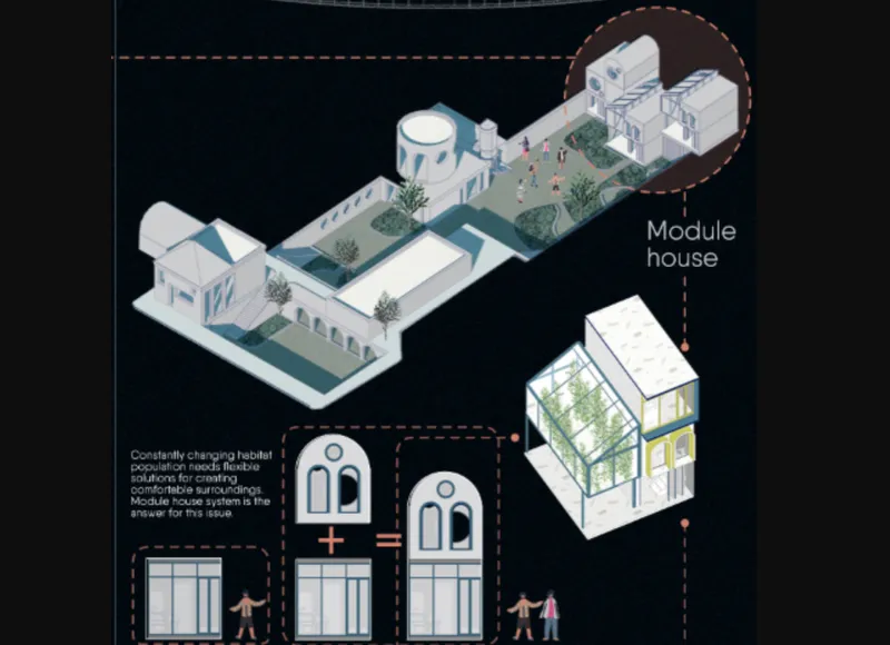 Modular housing system designed for flexible and adaptive living spaces.