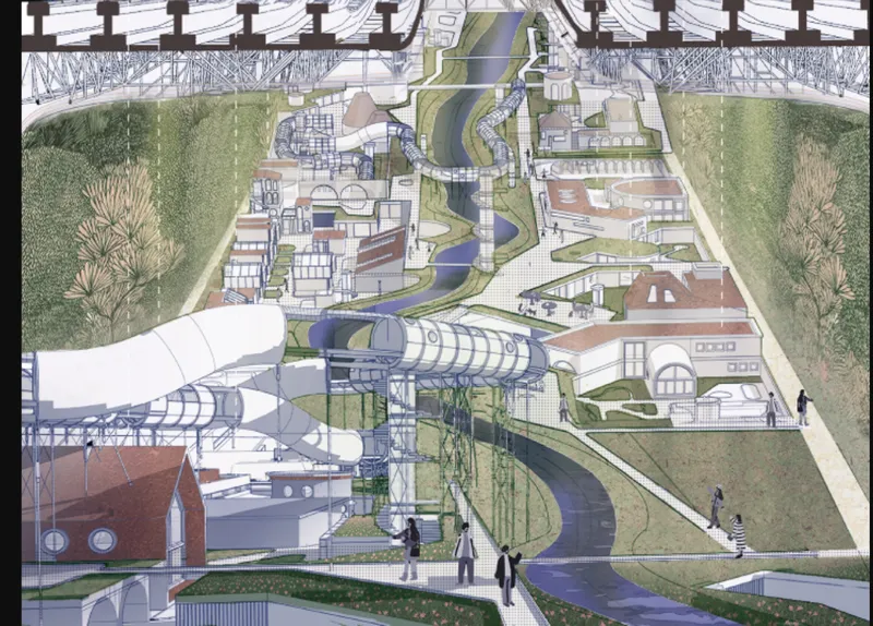 Green spaces integrated with futuristic urban habitat design.