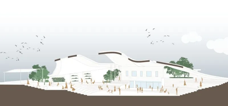 A sectional view of the architecture showcasing the project's seamless integration with the topography.