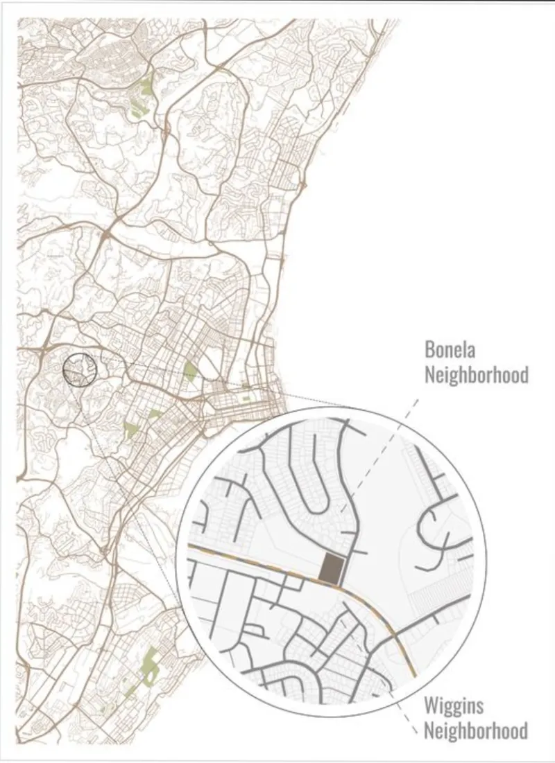Map showing the strategic location connecting Bonela and Wiggins neighborhoods.