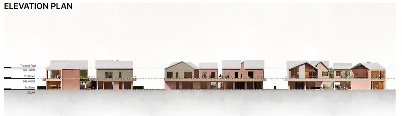 Elevation Plan: Showcasing a Harmonious Flow of Multi-Level Spaces in a Village-Inspired Architectural Layout.