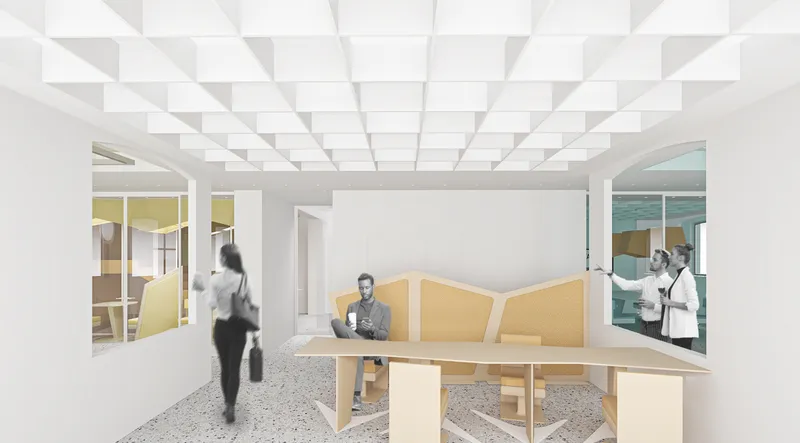 Dynamic seating arrangement fostering collaboration and comfort.