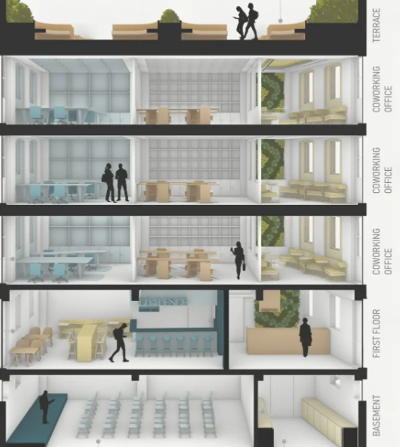 Crystaline building layout, blending work and relaxation zones.