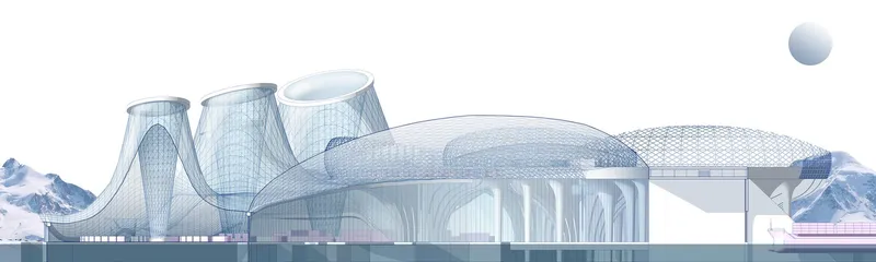 A sleek, sustainable architectural cross-section of Port Dikson, showcasing advanced Arctic adaptability and innovation.