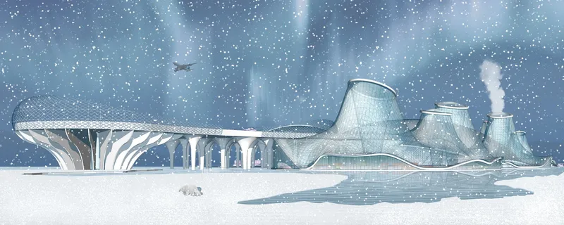 Blending futuristic design with the Arctic’s snowy landscape for sustainable development.