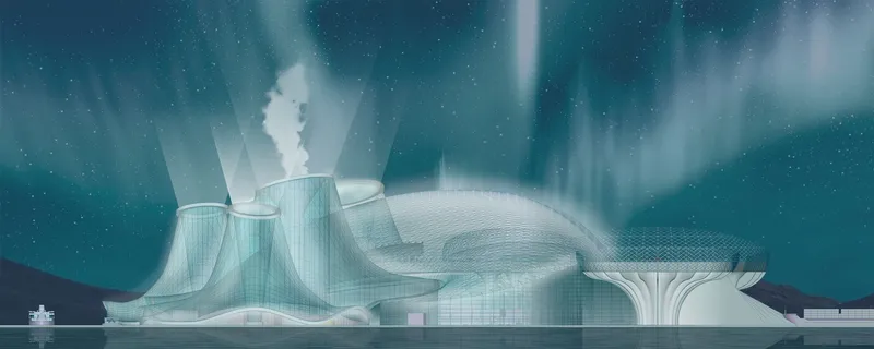 Port Dikson illuminated under the Arctic night sky, seamlessly merging innovative design with the beauty of the Northern Lights.