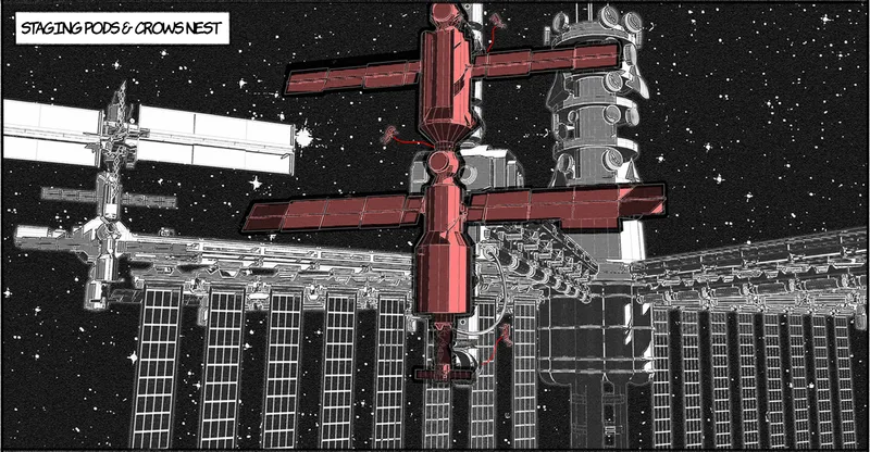 Docking pods at the Or1gyn Space Port welcome interplanetary spacecraft.