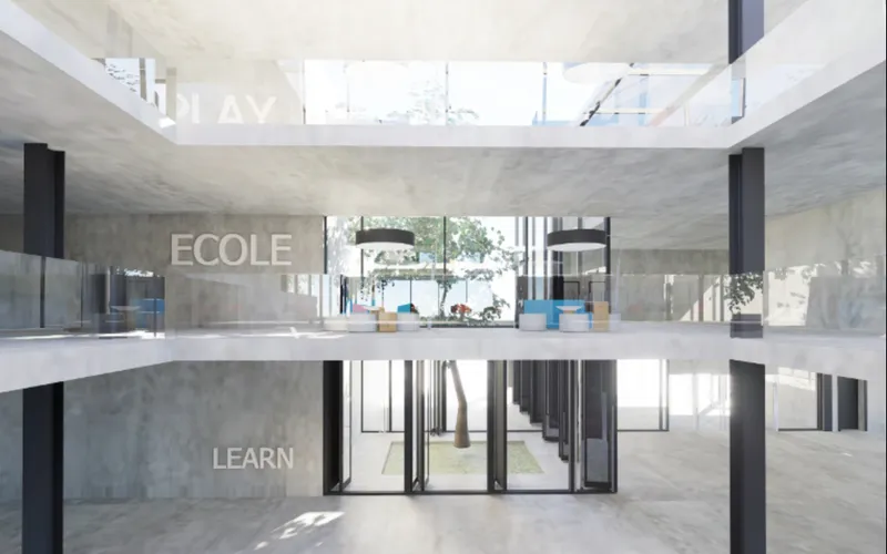 Central atrium showcasing sustainable design with visual and functional transparency.
