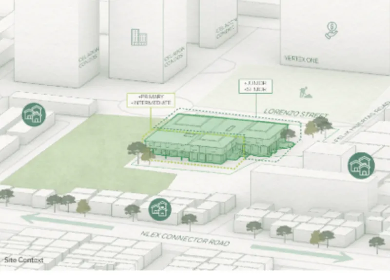 Integration of the school within its urban surroundings, emphasizing green spaces.