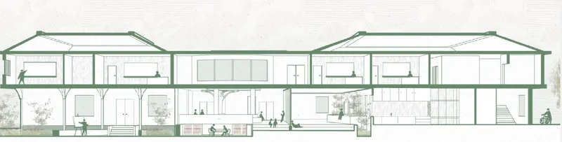 Architectural drawing depicting the harmony between interior and exterior spaces.