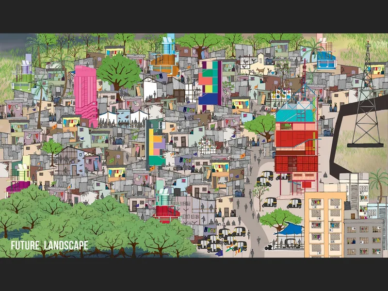 Imagining a future landscape where inclusive architecture transforms slums into vibrant, sustainable communities.