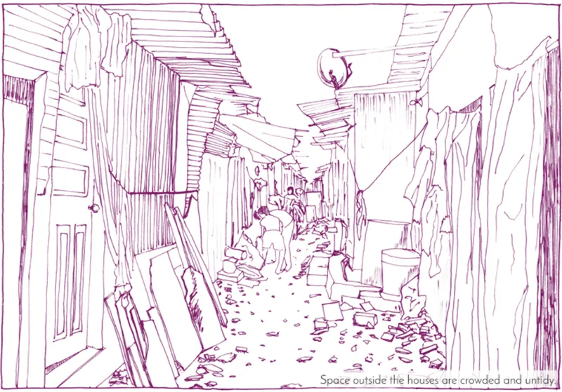 Overcrowded and untidy spaces outside homes.