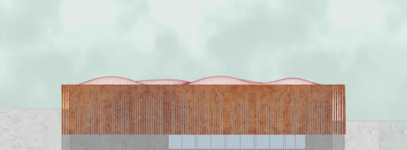 North elevation of the Remember Bhopal Memorial auditorium, showcasing a rusted steel facade with undulating rooflines.