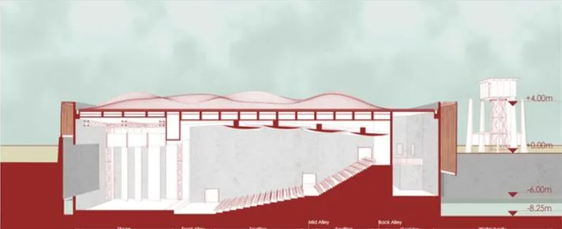 Sectional view of the Remember Bhopal Memorial auditorium, highlighting its tiered seating, undulating roof structure.