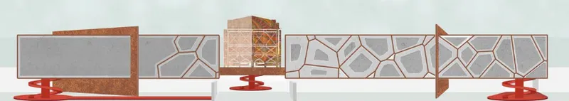 Facade design of the Remember Bhopal Memorial featuring rusted steel and fragmented concrete panels, symbolizing decay.