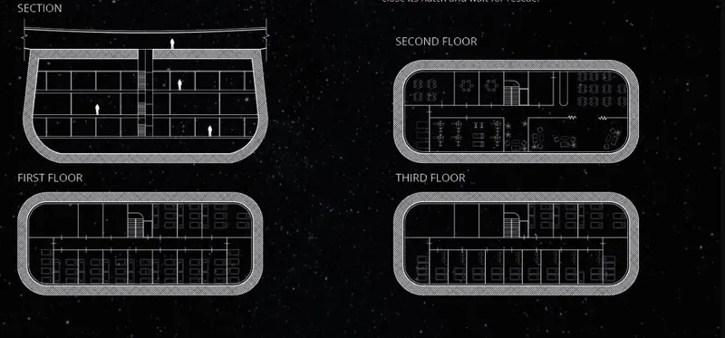 Detailed floor plans showcase multi-level living spaces for astronauts and researchers.