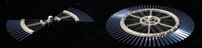 Construction phases illustrate the assembly of truss structures and solar panel deployment.