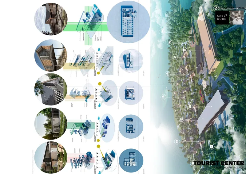 Sustainable tourist center design showcasing modular structures, community integration, and eco-friendly infrastructure.