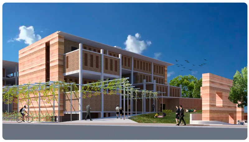 Modern brick and rammed earth structures integrated with green trellises.