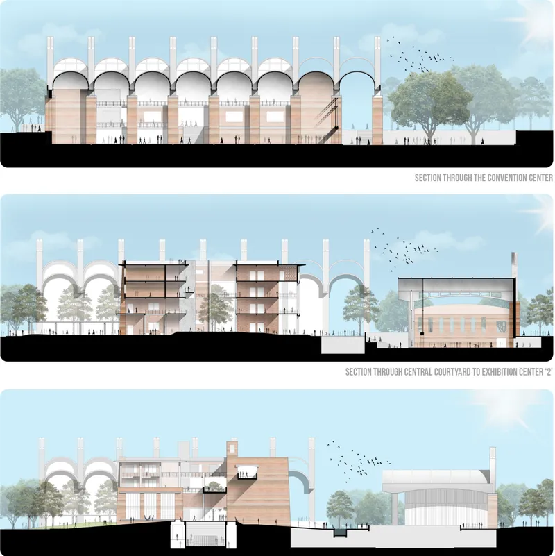 Sectional views illustrating the connectivity between the convention center, central courtyard, and exhibition spaces with open-to-sky elements.