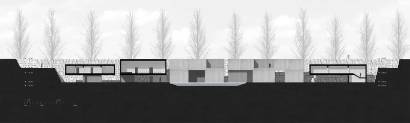 Sectional view highlighting integration of landscape and architecture.
