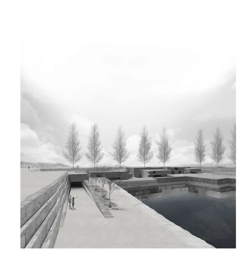 A serene pathway combining natural and architectural elements.