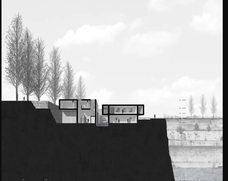 Gallery space integrated within the travertine quarry landscape.