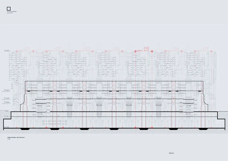 This longitudinal section of the Meat Market reveals its modular organization and layered functionality.