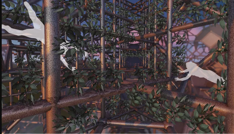 Hydroponic systems growing food within modular structures.