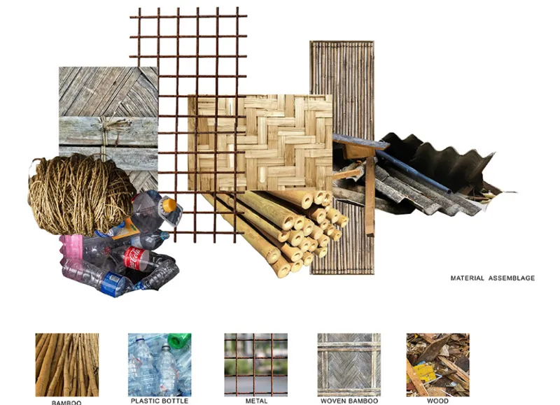 Material palette showcasing sustainable and recycled components, including bamboo, plastic bottles, metal mesh, and woven bamboo.
