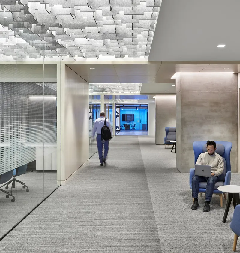 Office corridor with sculptural white acoustic ceiling panels and glass-walled conference rooms