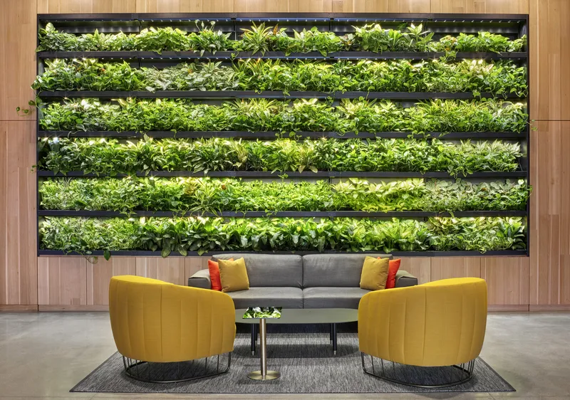 Reception seating area with vertical planted green wall behind grey sofa and yellow chairs