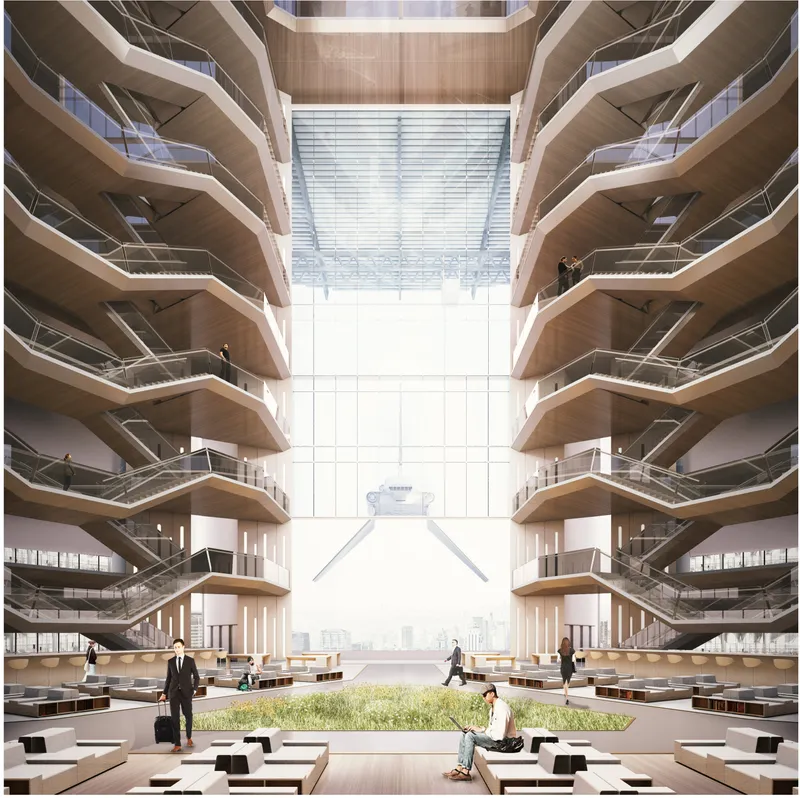 Sky lobby atrium with stacked timber-clad balconies, a grass-covered ground floor, natural light from above, and an aircraft visible through the full-height glass wall
