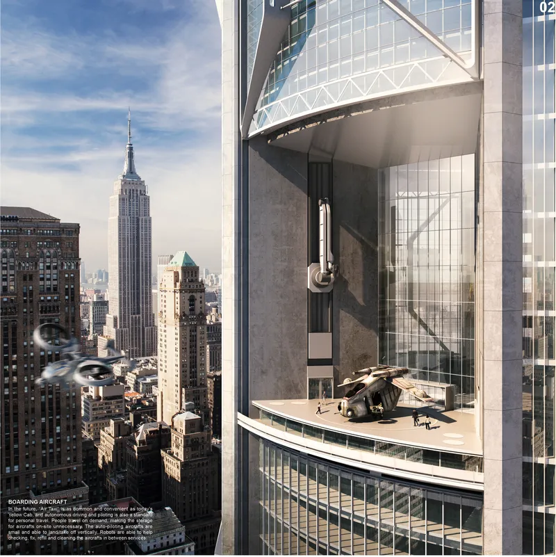 Aircraft boarding bay: a VTOL vehicle parked on a cantilevered platform with the Empire State Building visible across the Midtown skyline