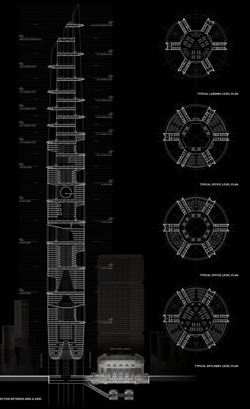 Technical drawings: building section between 42nd and 43rd Streets with Grand Central Terminal at the base, and four floor plans showing landing, office, and sky lobby levels