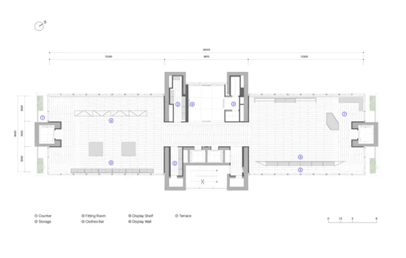 Furnished plan: layout with counter, storage, fitting rooms, clothes bars, display shelves, display walls, and terraces marked