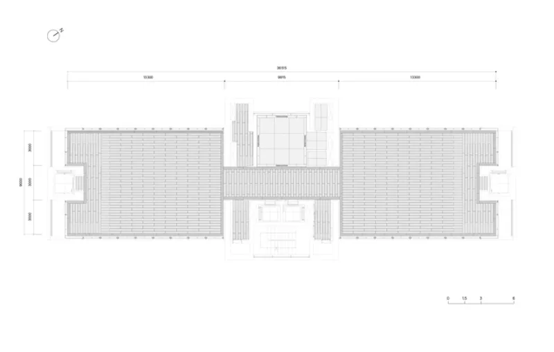 Ceiling plan: exposed ceiling structure with joists spanning the two wings, central core, skylights