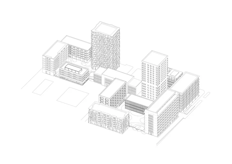 Axonometric line drawing of residential block showing multiple tower volumes and low-rise elements