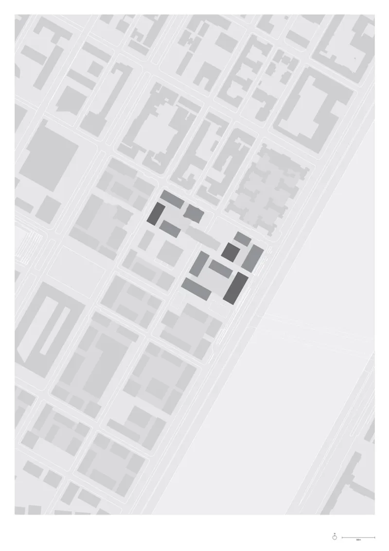Site plan drawing showing residential block volumes arranged around a street grid