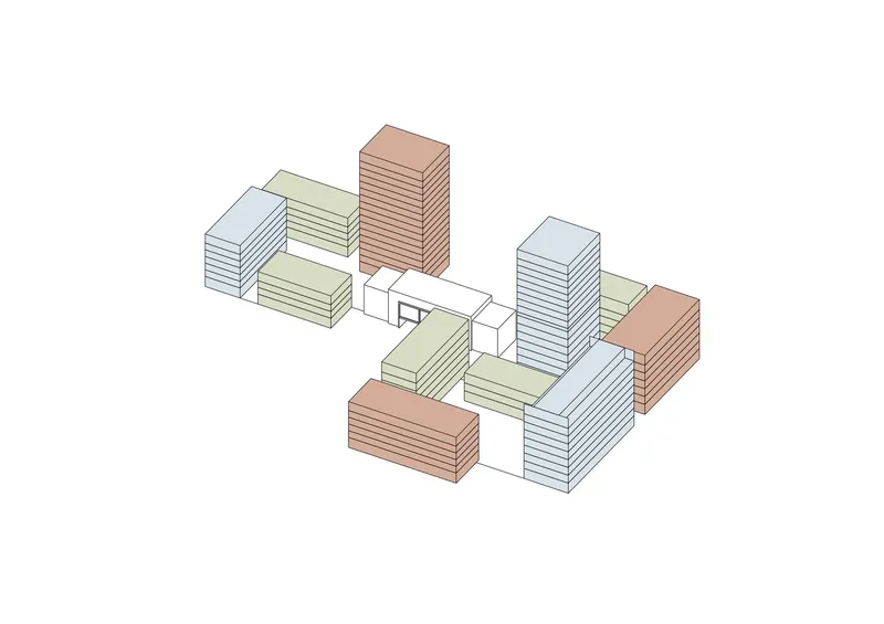 Axonometric drawing showing a cluster of colored rectangular volumes arranged around a central courtyard