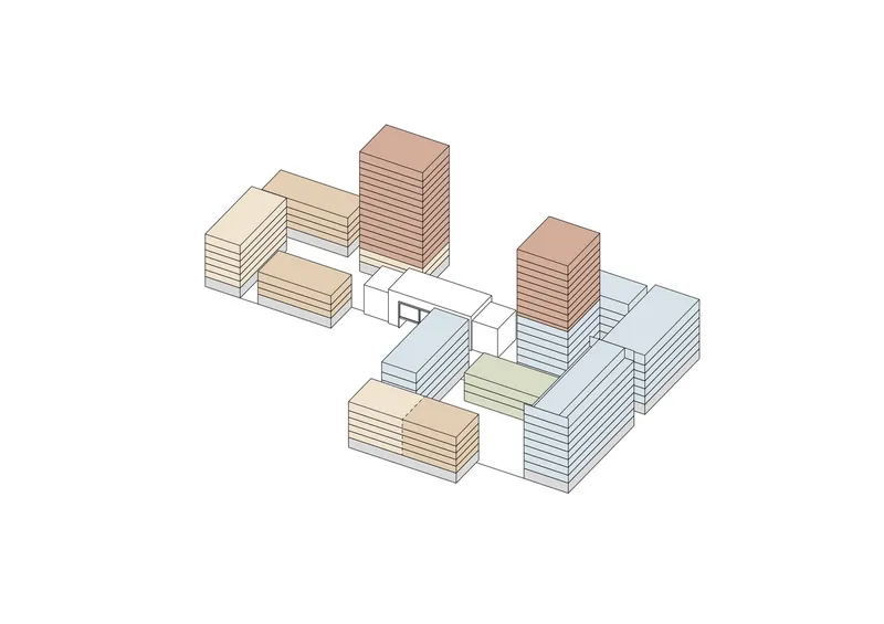 Axonometric drawing showing a cluster of colored rectangular volumes arranged around a central courtyard