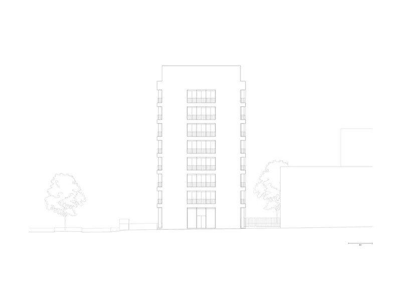 Elevation drawing of a multistory tower with flanking trees at ground level