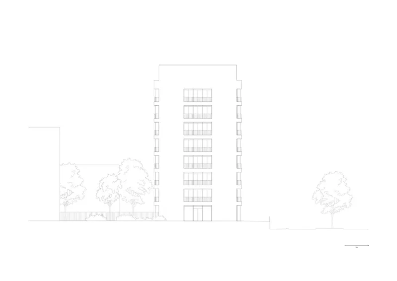 Elevation drawing of a slender tower with balconied facade flanked by trees at grade