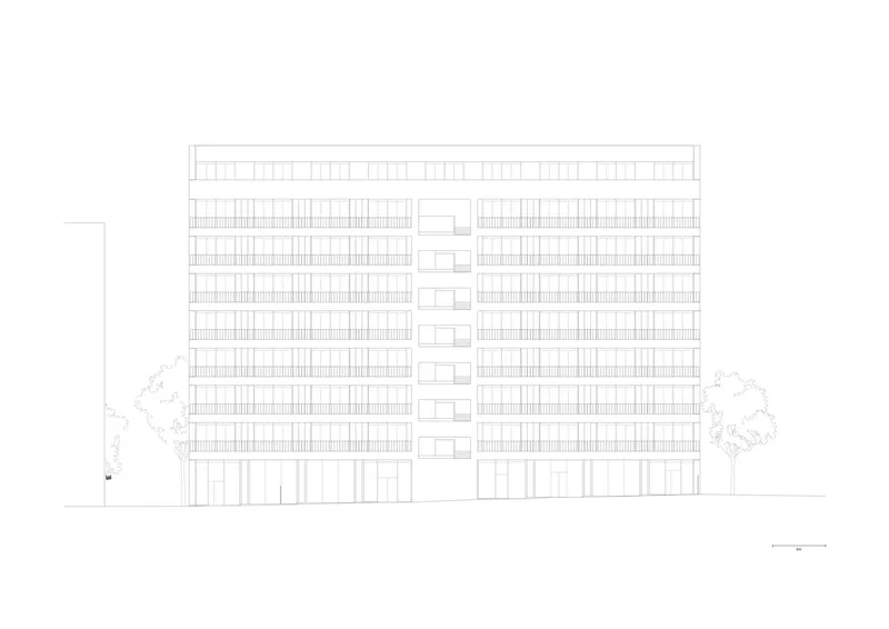 Elevation drawing showing paired residential towers with horizontal banding and central recessed core