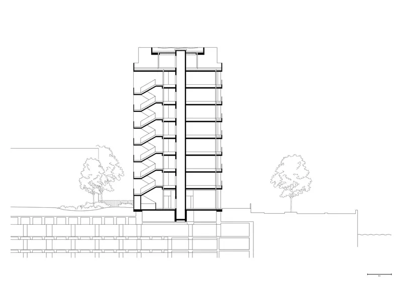 Section drawing revealing interior staircases and floor slabs within a multistorey tower above a plinth