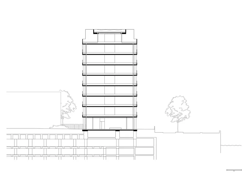 Section drawing of a residential tower showing floor plates and structural core with adjacent trees