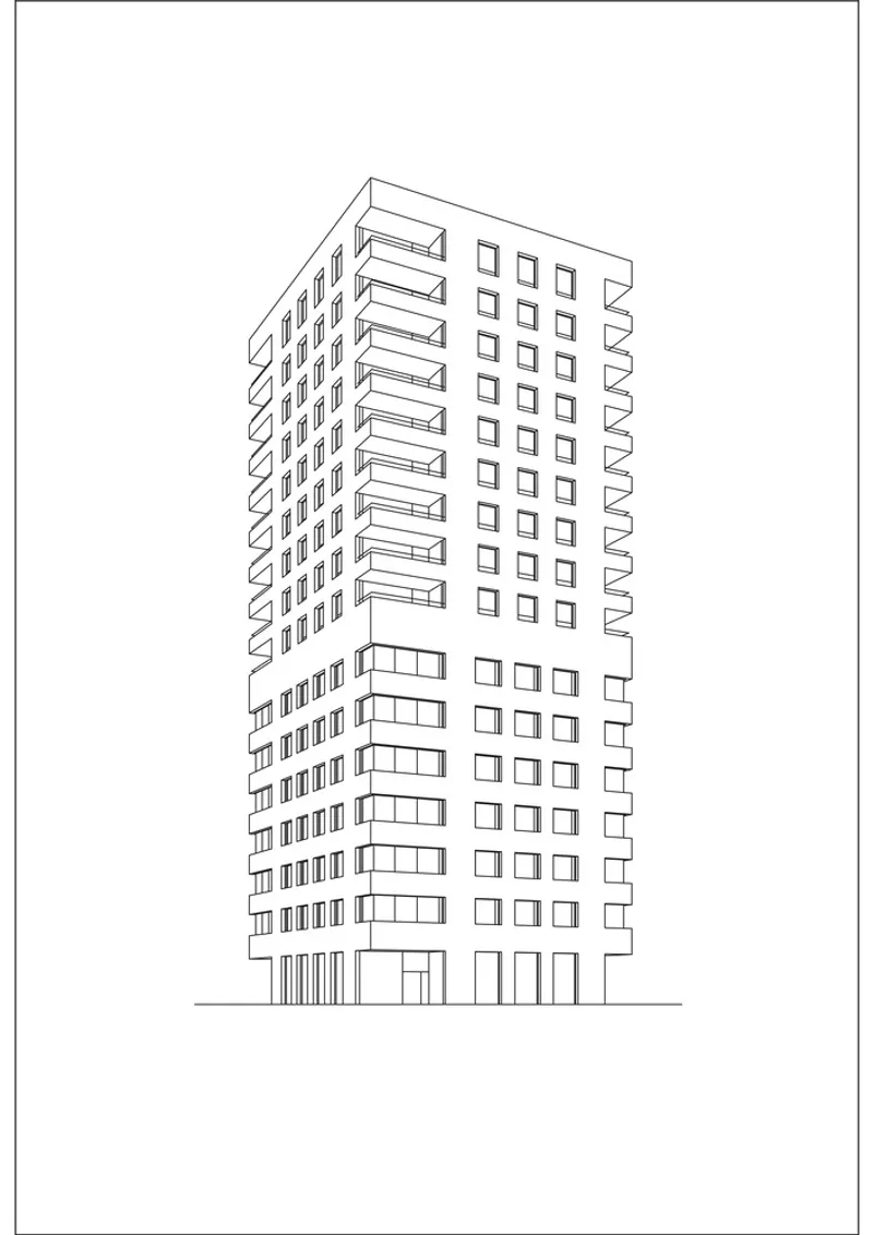 Axonometric drawing of a corner tower with punched windows and alternating balcony patterns