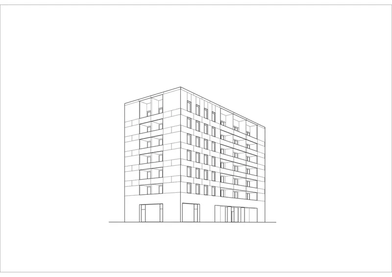 Elevation drawing of a multi-story residential building with regular window fenestration and ground-level openings