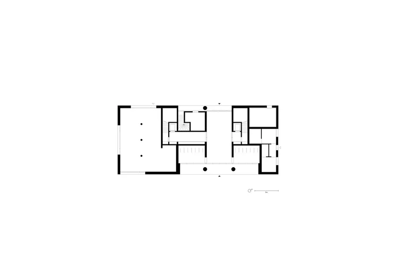 Floor plan drawing showing a large open space on the left and smaller rooms on the right