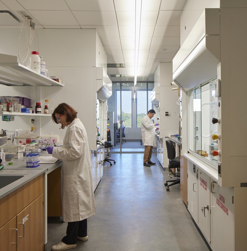 Laboratory space with researchers in white coats working between fume hoods and open shelving